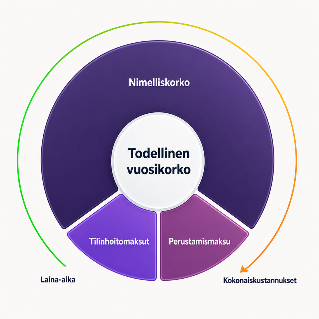Lainan todellinen vuosikorko kaaviona: 3/4 nimelliskorko, 1/4 tilinhoitomaksut, 1/4 perustamismaksu. Kaikki yhdessä on todellinen vuosikorko.
